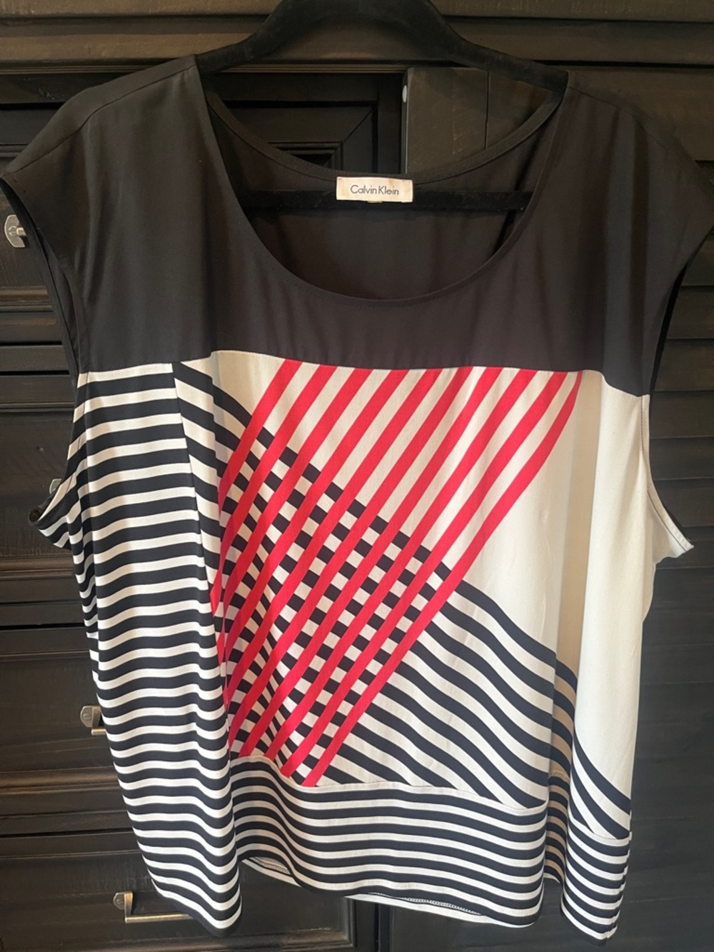 Calvin Klein Black White & Red Stripe Mixed-Print Cap-Sleeve Top
